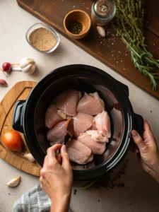 Chicken placed in crock pot for teriyaki recipe