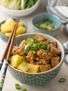 Garnished crock pot teriyaki chicken with pineapple