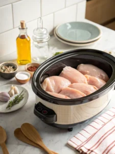 Chicken placed in crock pot for Hawaiian BBQ