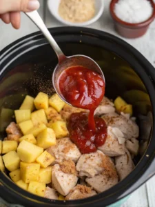 BBQ sauce and seasoning added to Hawaiian chicken