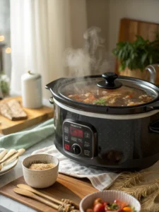 Crock pot covered and cooking Hawaiian BBQ chicken
