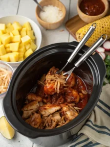 Shredded Hawaiian chicken in crock pot with sauce
