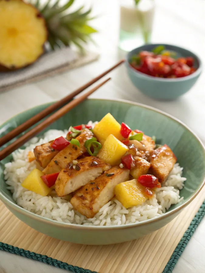 Plated crock pot teriyaki chicken with pineapple