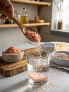 adding pink Himalayan salt to warm filtered water