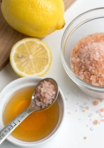Measuring Himalayan pink salt, lemon juice, and apple cider vinegar in kitchen.