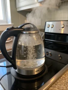 Warming filtered water in a glass kettle for morning drink.