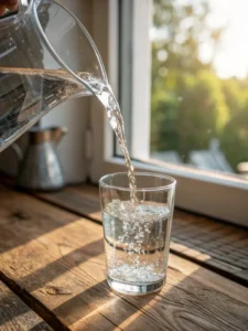 filling glass with filtered water for pink salt apple cider vinegar drink