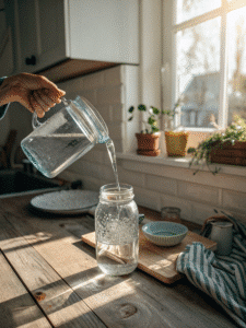 pouring filtered water into mason jar for mounjaro drink recipe