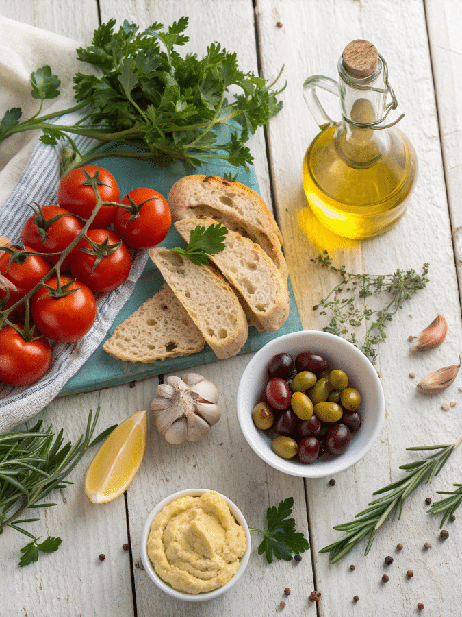 Mediterranean diet recipes ingredient spread