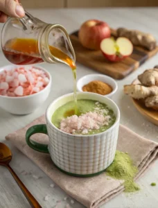 adding ginger, vinegar, pink salt, and honey to japanese mounjaro drink