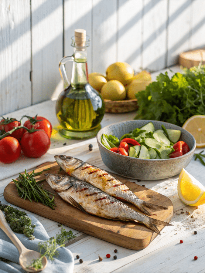 Mediterranean diet meal plan food spread
