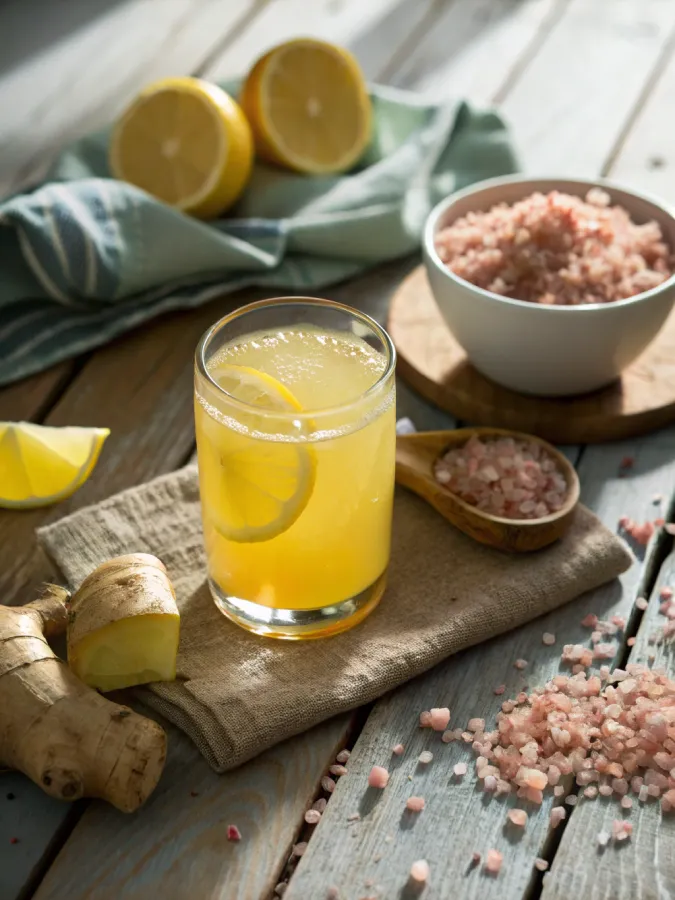 natural mounjaro recipe for weight loss drink in glass with lemon, ginger, and pink salt