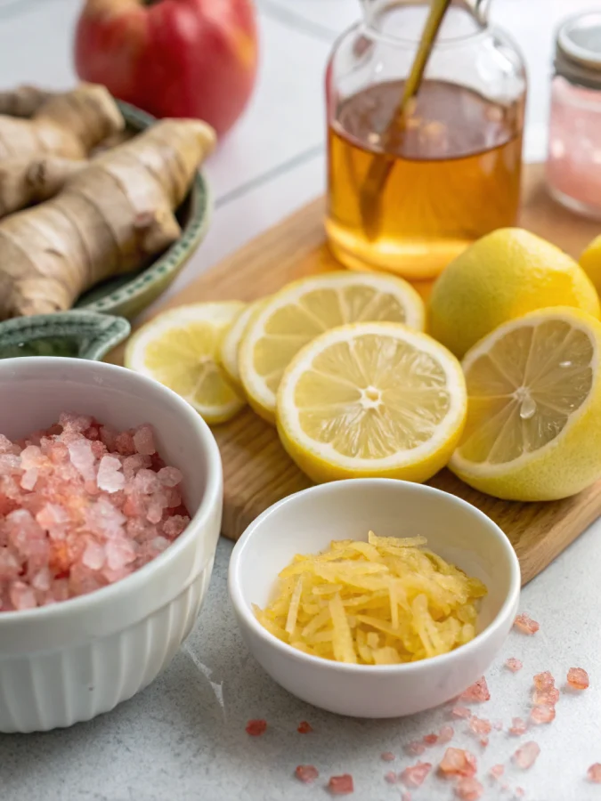 ingredients for natural mounjaro recipe for weight loss – lemon, ginger, pink salt, apple cider vinegar and water.