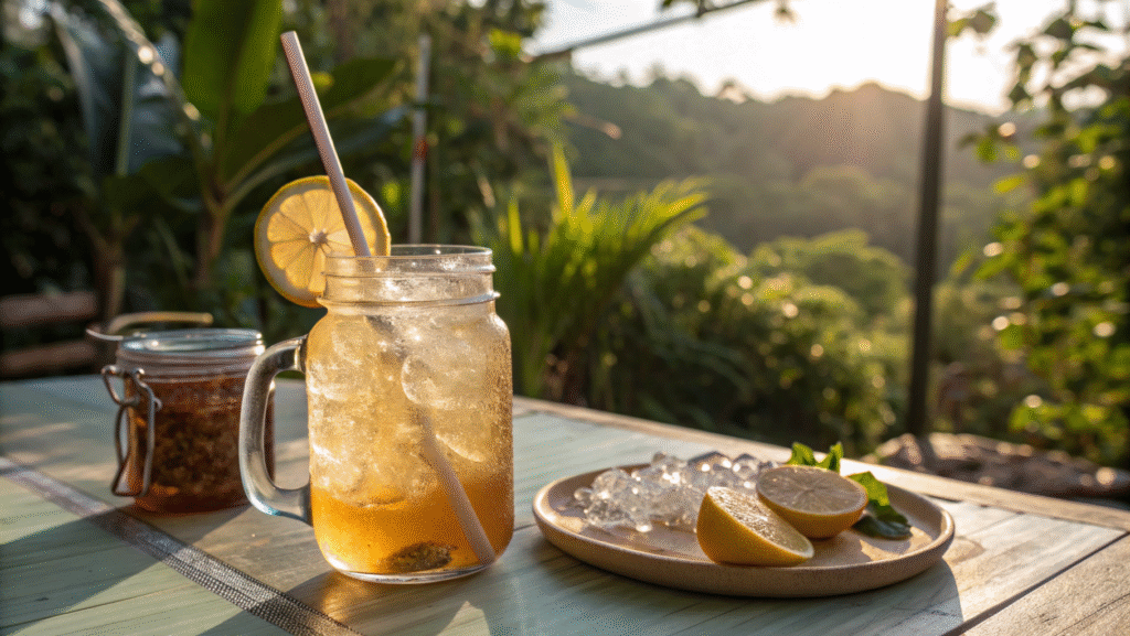 Serving Natural Mounjaro Recipe in mason jar with ice