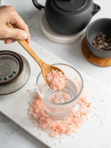 Stirring pink salt into warm water for Mounjaro recipe