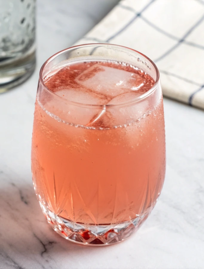 pink salt apple cider vinegar drink in glass with salt crystals and ACV bottle