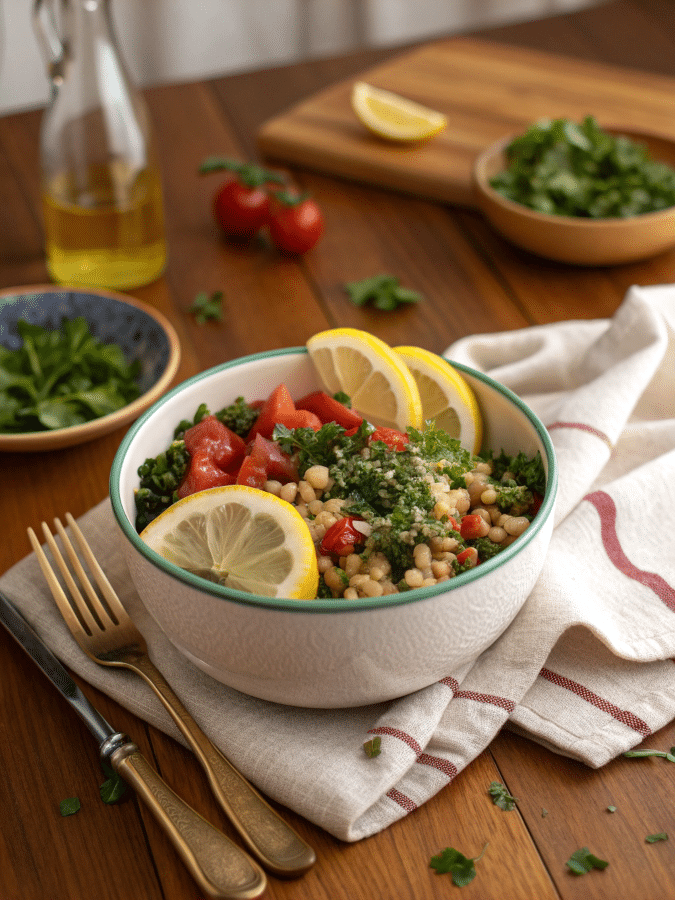 Served Mediterranean bowl with herbs