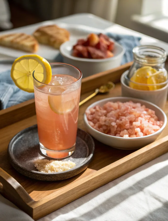 serving pink salt apple cider vinegar drink with lemon garnish