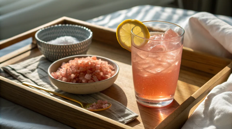 serving pink salt apple cider vinegar drink with lemon garnish