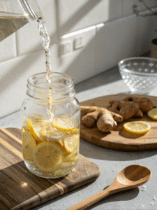 Pouring filtered water into jar to complete Mounjaro recipe