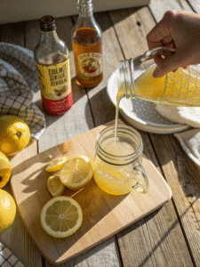 Pouring lemon juice and apple cider vinegar into glass jar for Mounjaro recipe