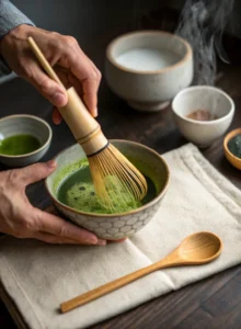 Whisking matcha with warm water for Japanese Mounjaro drink