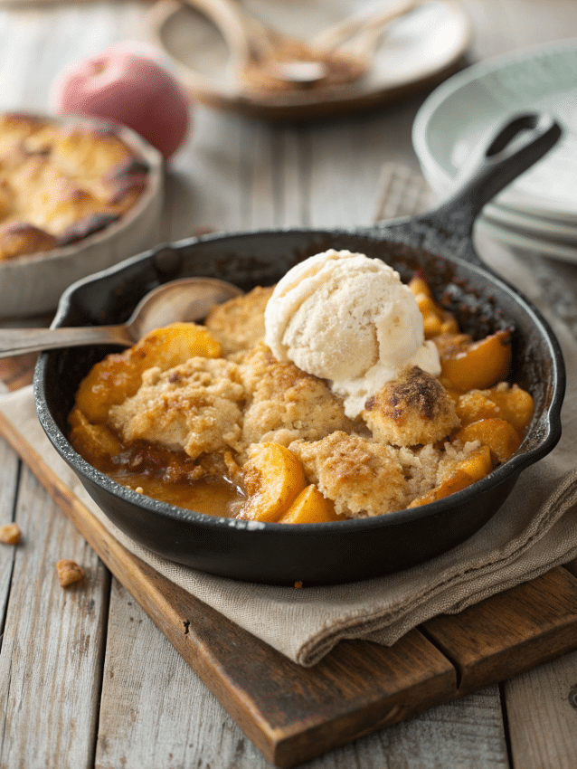 Peach cobbler recipe skillet dessert with vanilla ice cream