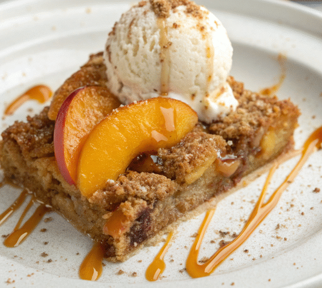 Peach cobbler recipe serving with vanilla ice cream