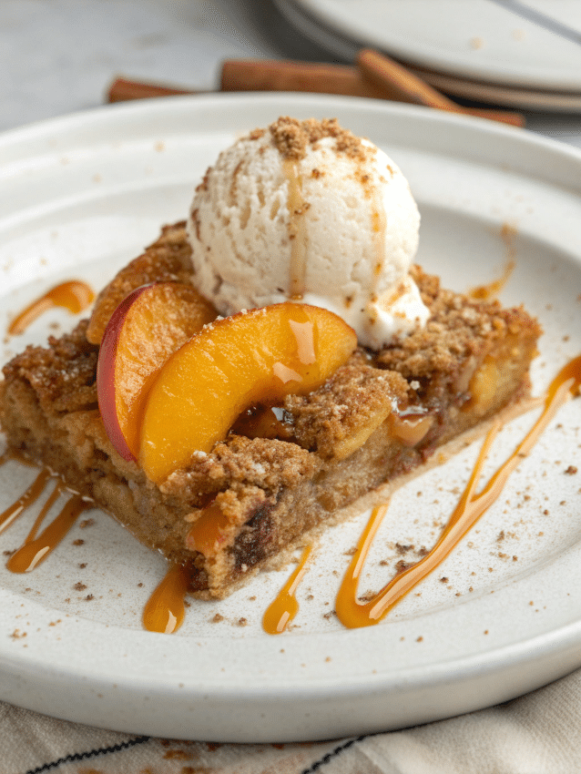 Peach cobbler recipe serving with vanilla ice cream