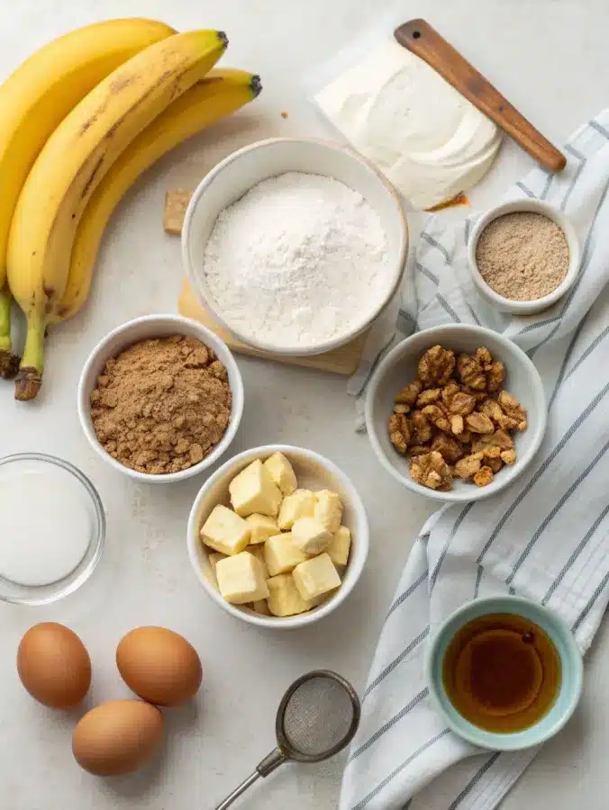 Banana bread ingredients laid out on kitchen counter