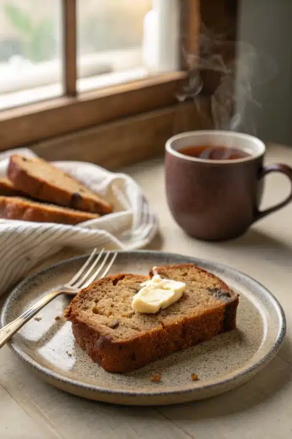 Served slice of banana bread with butter and tea