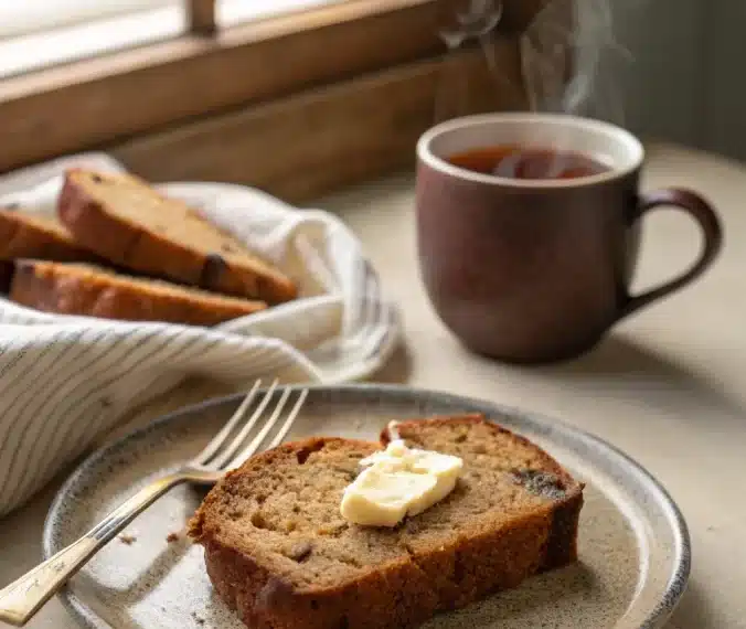 Served slice of banana bread with butter and tea