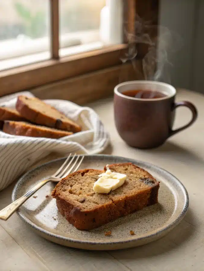 Served slice of banana bread with butter and tea