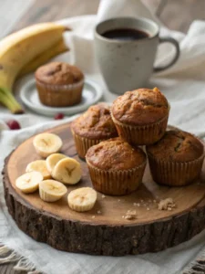 Served banana bread muffins with coffee