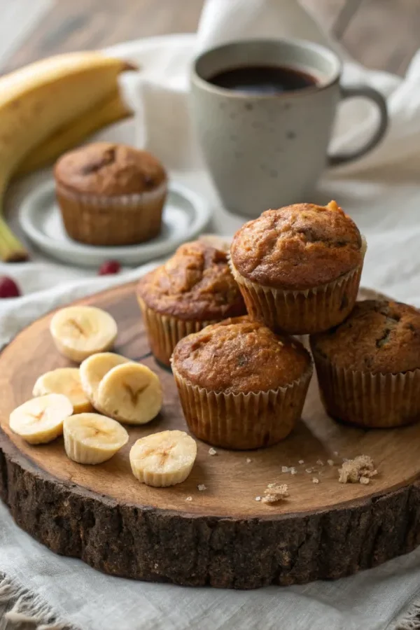 Served banana bread muffins with coffee