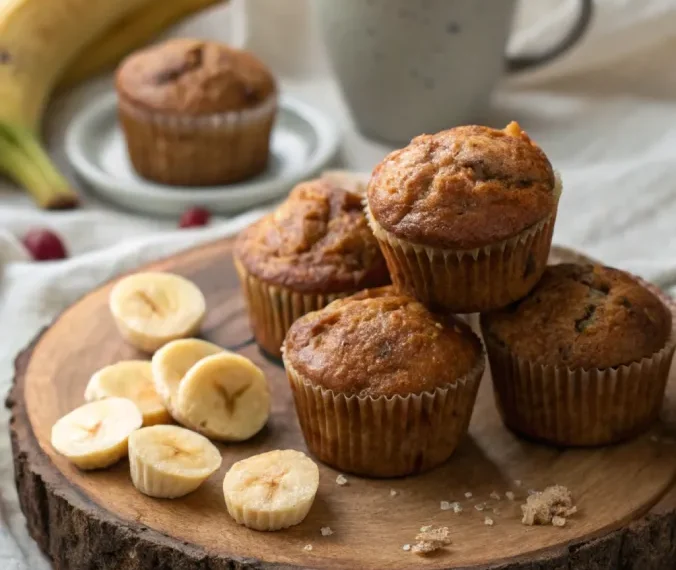Served banana bread muffins with coffee