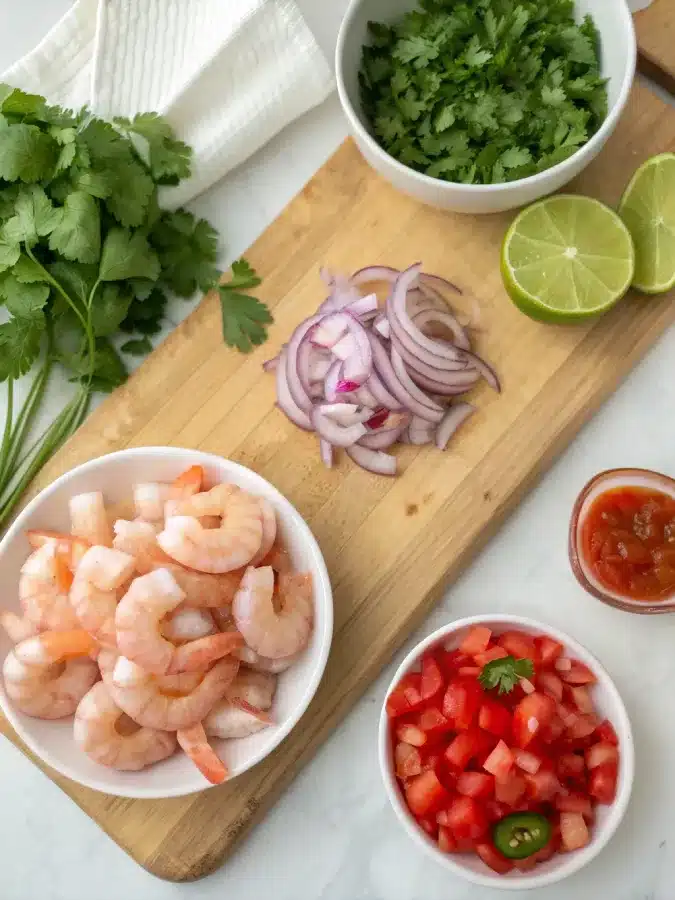 Ingredients for ceviche recipe on cutting board