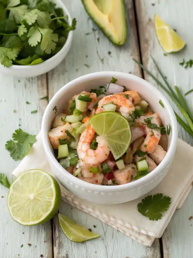 Shrimp ceviche in white bowl with lime and herbs