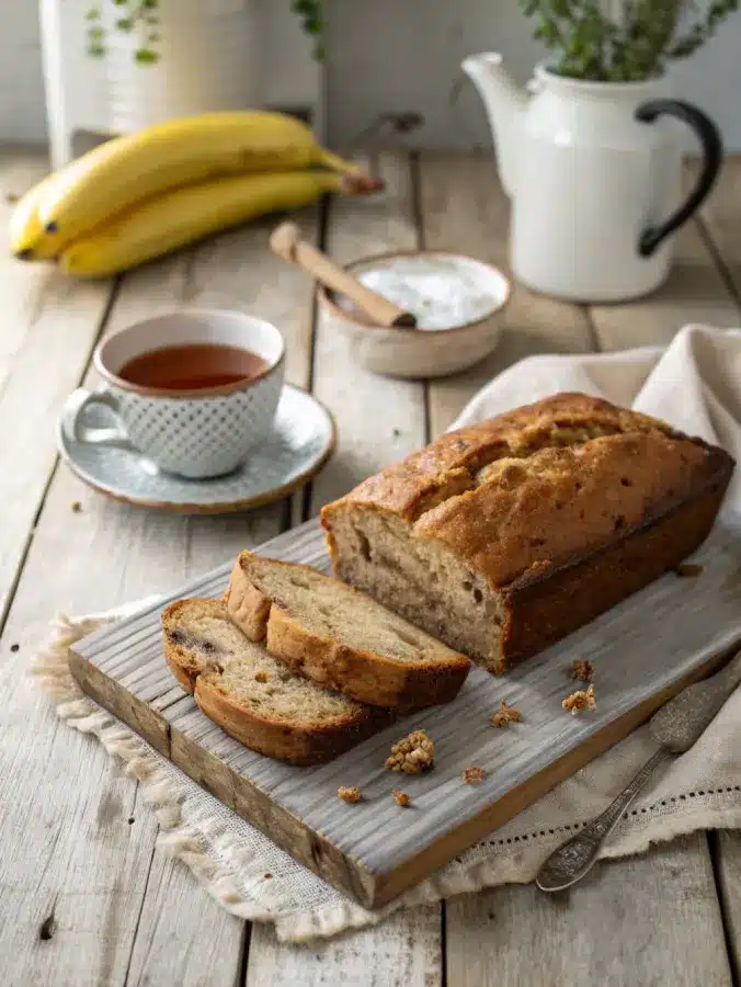 Joanna Gaines banana bread recipe loaf sliced on wooden table