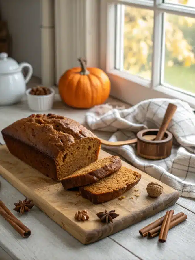 pumpkin bread recipe freshly baked loaf on cutting board