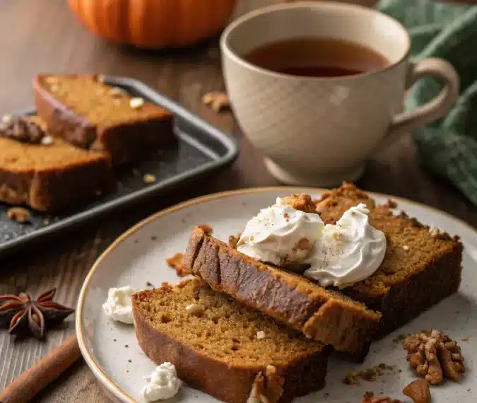 pumpkin bread recipe sliced and served with tea
