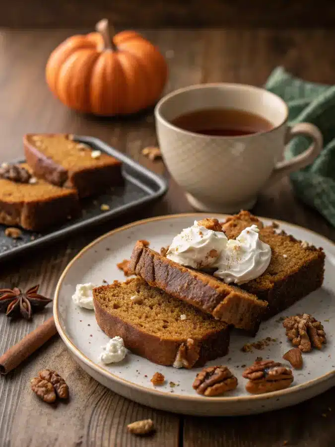 pumpkin bread recipe sliced and served with tea