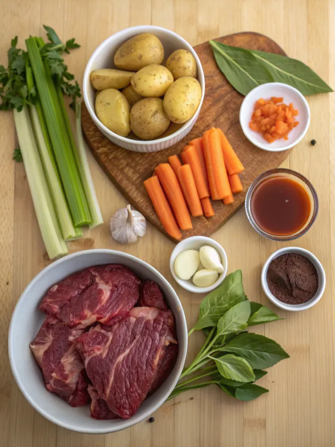 Beef stew recipe ingredients laid out