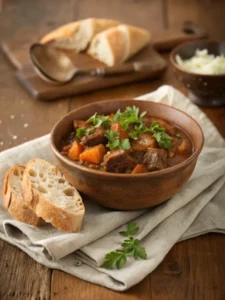 Served bowl of beef stew recipe