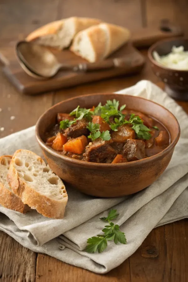 Served bowl of beef stew recipe