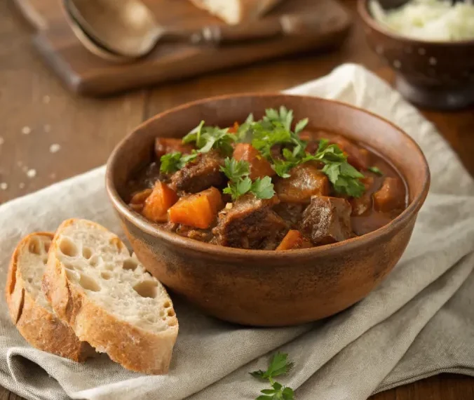 Served bowl of beef stew recipe