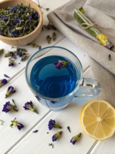 butterfly pea flower tea vibrant blue in glass mug