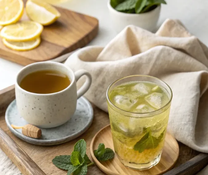 hot and iced green tea served together