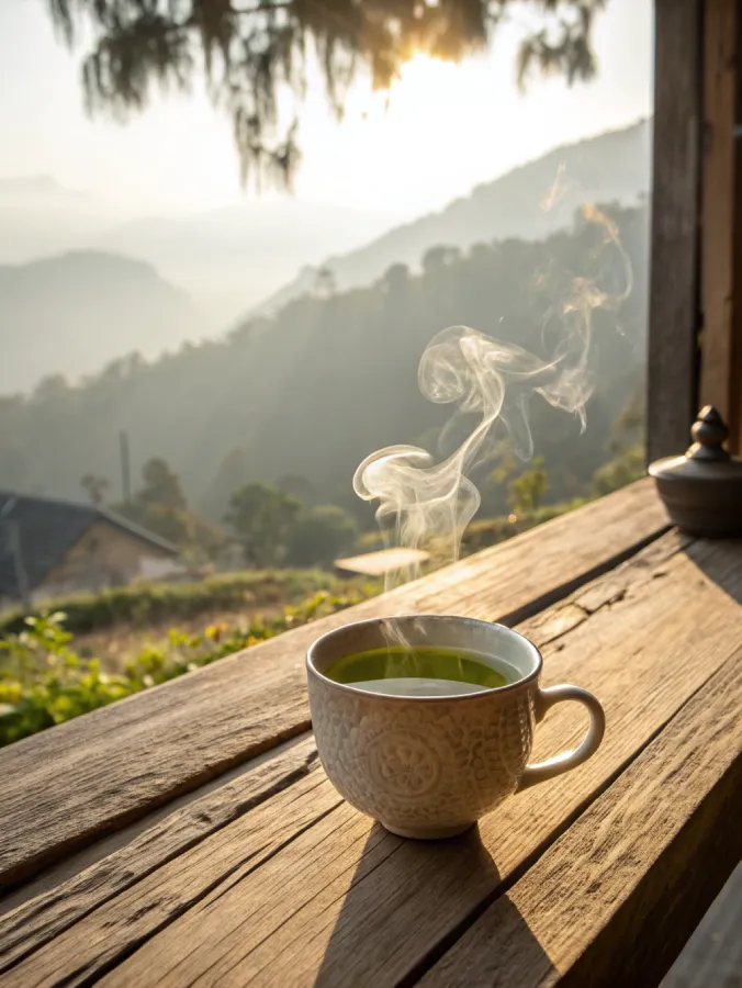 green tea in ceramic cup on rustic table