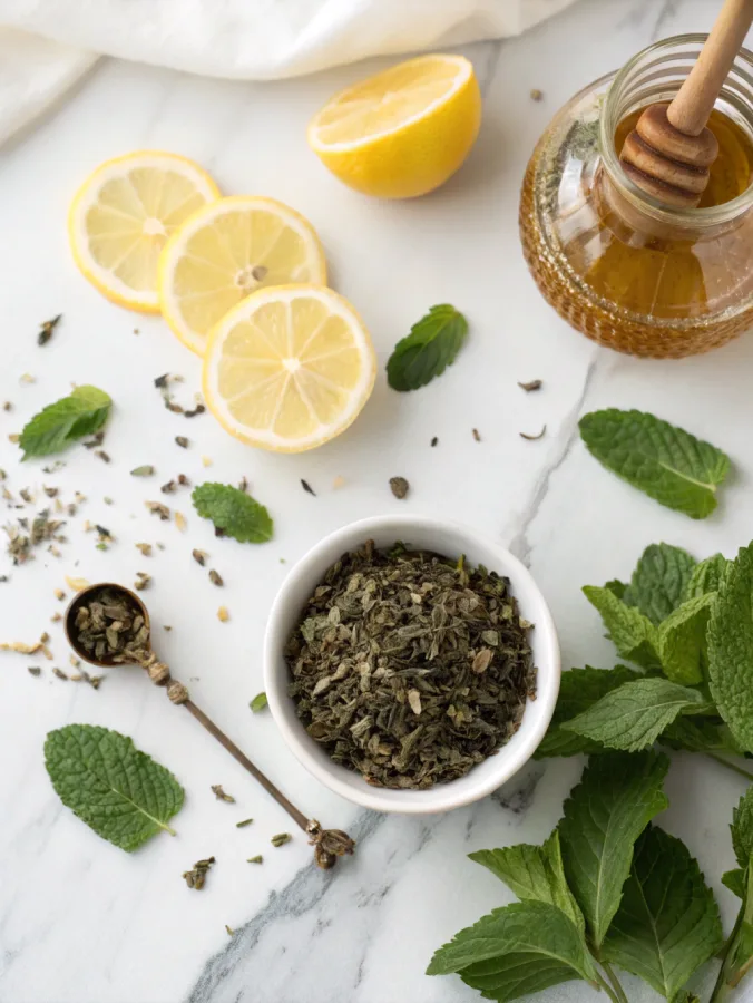 ingredients for green tea including lemon and honey